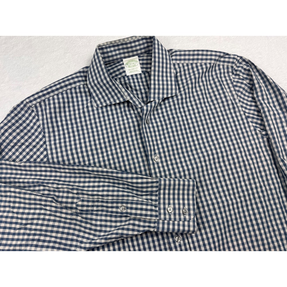 Brooks Brothers Milano Fit Gingham Dress Shirt Mens 17-34 Navy Blue White Cotton